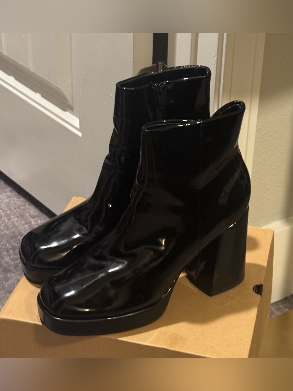 Black Patent Platform Ankle Boots - Women